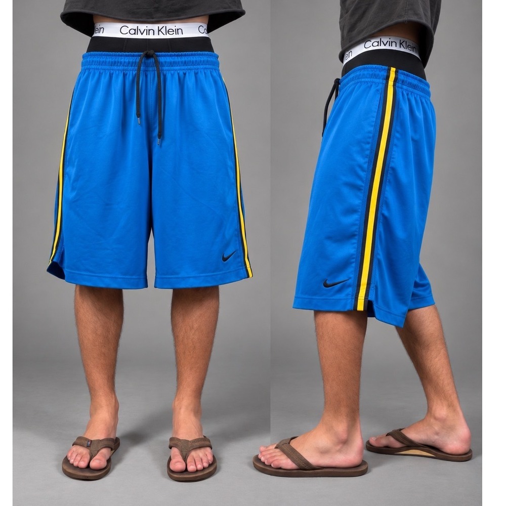 Vintage Nike Basketball Shorts Blue Yellow Stripe Baggy Long Y2K Mens Medium